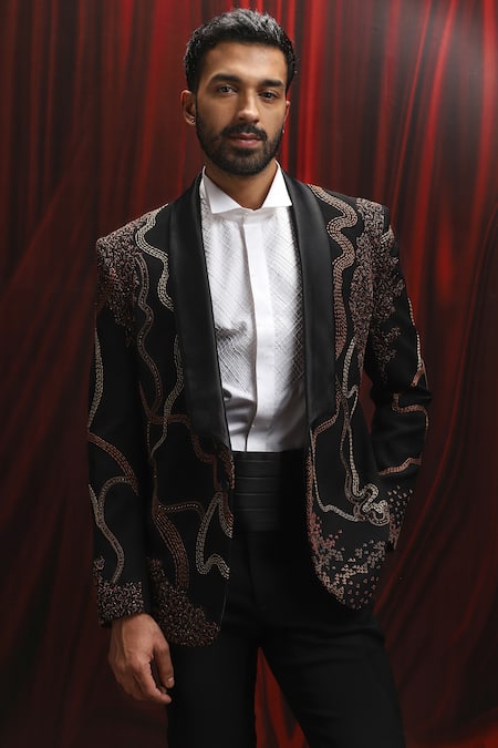 Buy_Asuka_Black Velvet Embroidery Kantha Tuxedo And Trouser Set _Online_at_Aza_Fashions