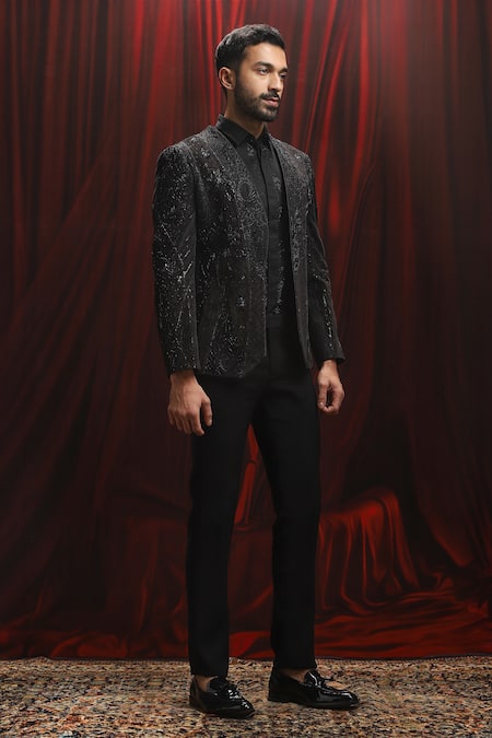 Asuka_Black Velvet Sequins Embroidered Tuxedo Set _Online_at_Aza_Fashions