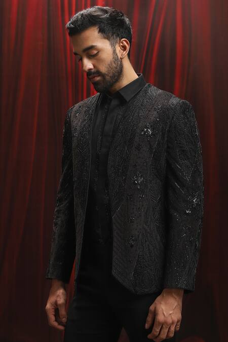 Buy_Asuka_Black Velvet Sequins Embroidered Tuxedo Set _Online_at_Aza_Fashions