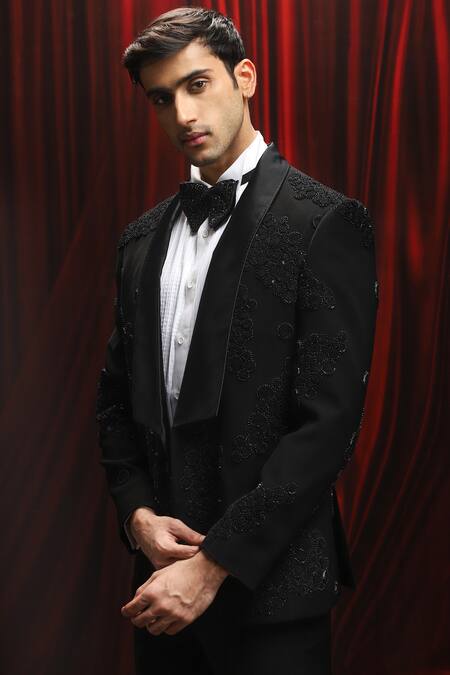 Asuka_Black Jacquard Cut Work, Embroidery Cutdana Tuxedo Set _Online_at_Aza_Fashions