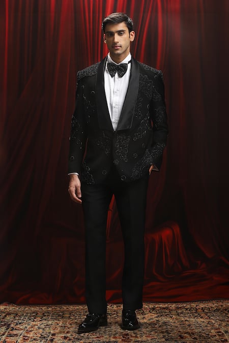 Buy_Asuka_Black Jacquard Cut Work, Embroidery Cutdana Tuxedo Set _Online_at_Aza_Fashions