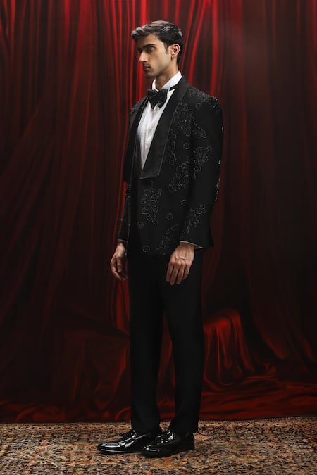 Shop_Asuka_Black Jacquard Cut Work, Embroidery Cutdana Tuxedo Set _Online_at_Aza_Fashions