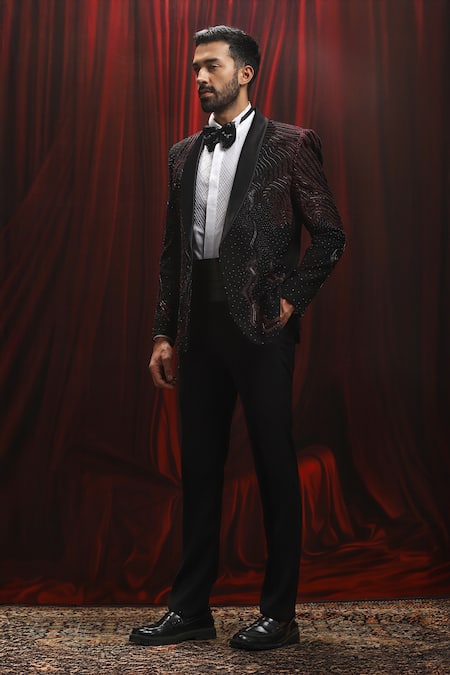 Buy_Asuka_Black Velvet Embroidery Tuxedo And Trouser Set _Online_at_Aza_Fashions