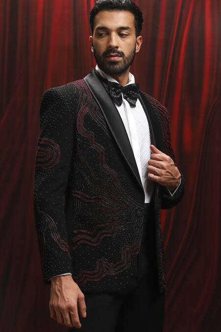 Shop_Asuka_Black Velvet Embroidery Tuxedo And Trouser Set _Online_at_Aza_Fashions