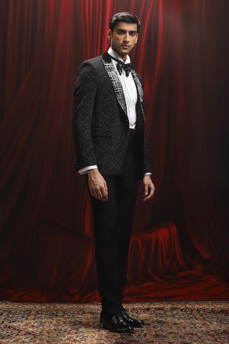 Buy_Asuka_Black Jacquard Cut Work Cutdana Embroidered Tuxedo Set _Online_at_Aza_Fashions