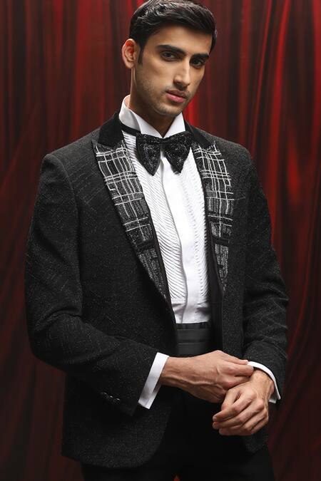 Shop_Asuka_Black Jacquard Cut Work Cutdana Embroidered Tuxedo Set _Online_at_Aza_Fashions