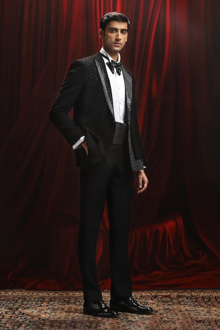 Shop_Asuka_Black Jacquard Sequins Embroidered Tuxedo And Trouser Set _Online_at_Aza_Fashions