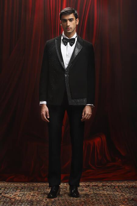 Asuka_Black Jacquard Sequins Embroidered Tuxedo And Trouser Set _at_Aza_Fashions