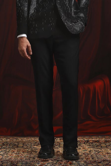 Asuka_Black Velvet Cut Work, Sequins, Metallic Embroidered Tuxedo And Trouser Set _Online_at_Aza_Fashions