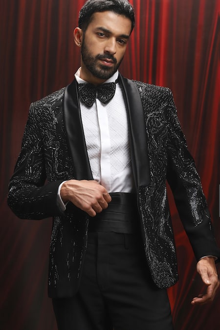 Buy_Asuka_Black Velvet Cut Work, Sequins, Metallic Embroidered Tuxedo And Trouser Set _Online_at_Aza_Fashions