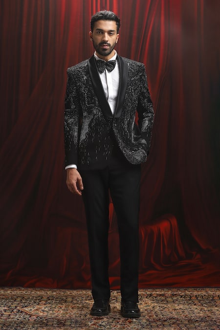 Shop_Asuka_Black Velvet Cut Work, Sequins, Metallic Embroidered Tuxedo And Trouser Set _Online_at_Aza_Fashions