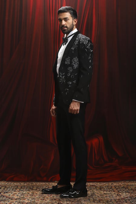 Shop_Asuka_Black Velvet Cut Work 3d Star Embroidered Tuxedo Set _Online_at_Aza_Fashions