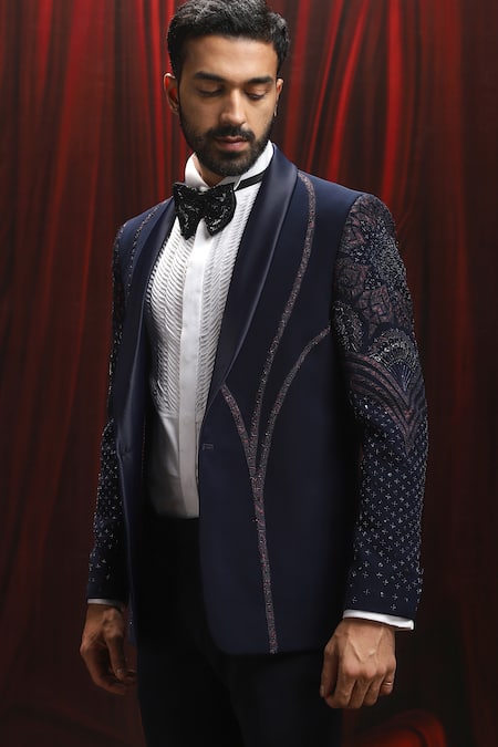 Buy_Asuka_Navy Velvet Cut Work, Embroidery Blue Tuxedo And Trouser Set _Online_at_Aza_Fashions
