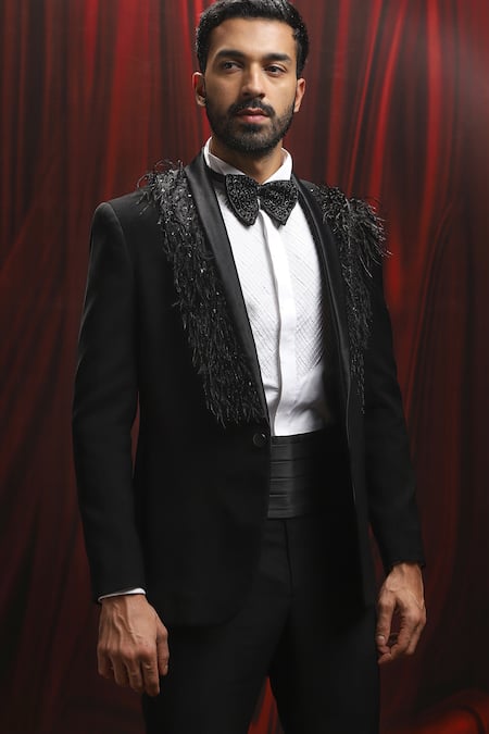 Buy_Asuka_Black Velvet Metallic Thread Tassel Cutdana Embroidered Tuxedo Set _Online_at_Aza_Fashions