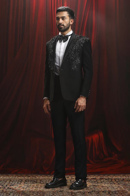 Shop_Asuka_Black Velvet Metallic Thread Tassel Cutdana Embroidered Tuxedo Set _Online_at_Aza_Fashions