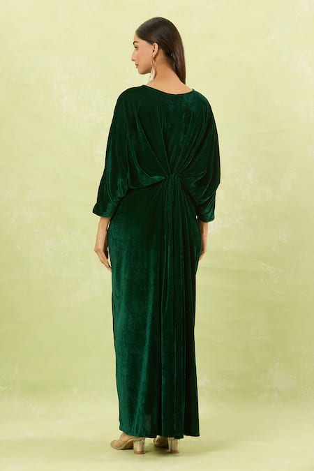 Shop_Naintara Bajaj_Green Velvet V-neck Hand Embellished Maxi Dress _at_Aza_Fashions