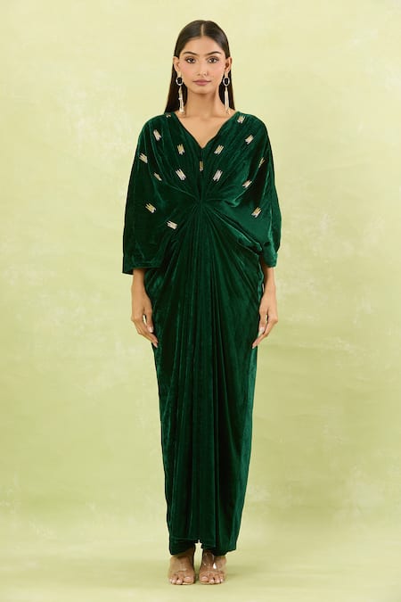 Naintara Bajaj_Green Velvet V-neck Hand Embellished Maxi Dress _Online_at_Aza_Fashions