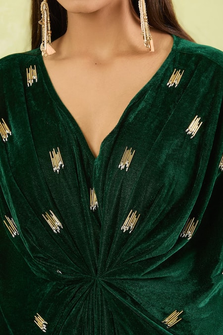 Buy_Naintara Bajaj_Green Velvet V-neck Hand Embellished Maxi Dress _Online_at_Aza_Fashions
