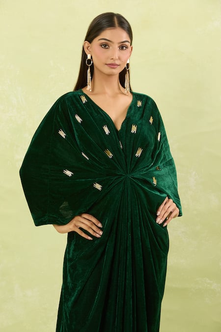 Shop_Naintara Bajaj_Green Velvet V-neck Hand Embellished Maxi Dress _Online_at_Aza_Fashions