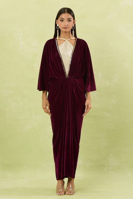 Naintara Bajaj_Maroon Velvet Sequins Halter Neck Embellished Dress _Online_at_Aza_Fashions