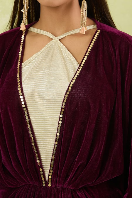 Buy_Naintara Bajaj_Maroon Velvet Sequins Halter Neck Embellished Dress _Online_at_Aza_Fashions