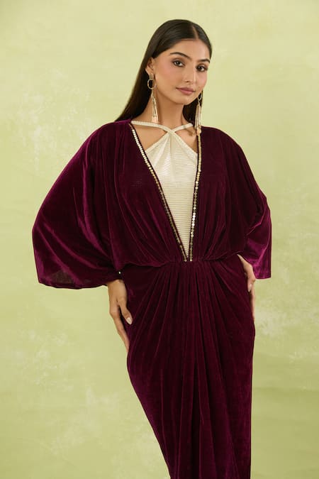Shop_Naintara Bajaj_Maroon Velvet Sequins Halter Neck Embellished Dress _Online_at_Aza_Fashions