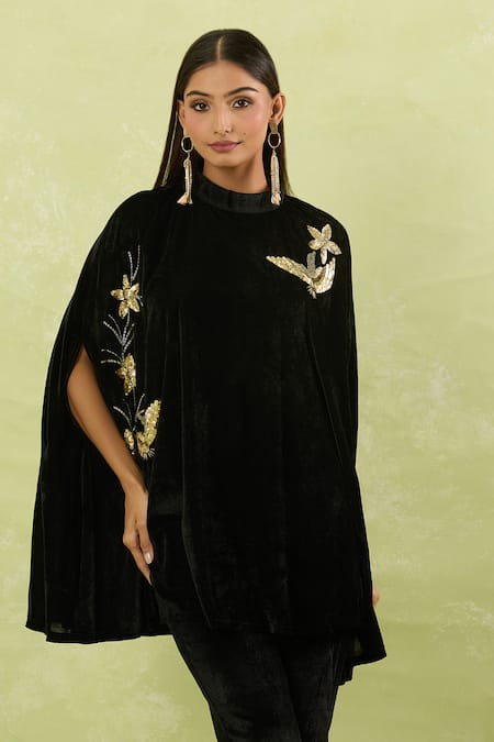 Buy_Samyukta Singhania_Black Velvet Sequins Embellished Cape And Pant Set _Online_at_Aza_Fashions