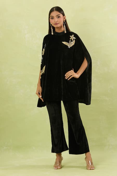 Shop_Samyukta Singhania_Black Velvet Sequins Embellished Cape And Pant Set _Online_at_Aza_Fashions