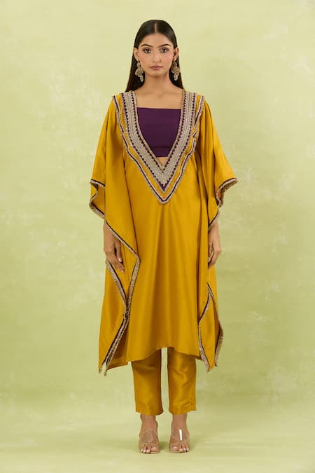 Samyukta Singhania Yellow Silk Lace, Embroidery Plunge Neck Contrast Hand Embellished Kaftan Set at Aza Fashions Samyukta Singhania_Yellow Silk Lace, Embroidery Plunge Neck Contrast Hand Embellished Kaftan Set _at_Aza_Fashions