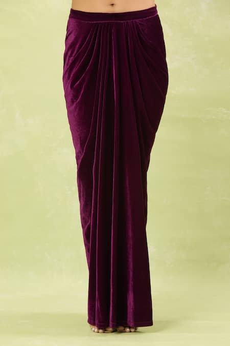 Samyukta Singhania_Wine Velvet Sequins Open Neck Hand Embellished Jacket Set _Online_at_Aza_Fashions