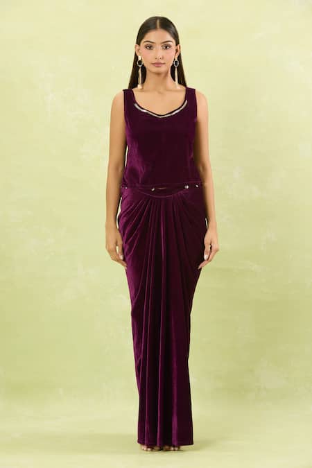 Buy_Samyukta Singhania_Wine Velvet Sequins Open Neck Hand Embellished Jacket Set _Online_at_Aza_Fashions