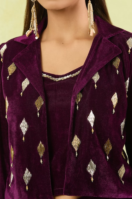 Shop_Samyukta Singhania_Wine Velvet Sequins Open Neck Hand Embellished Jacket Set _Online_at_Aza_Fashions