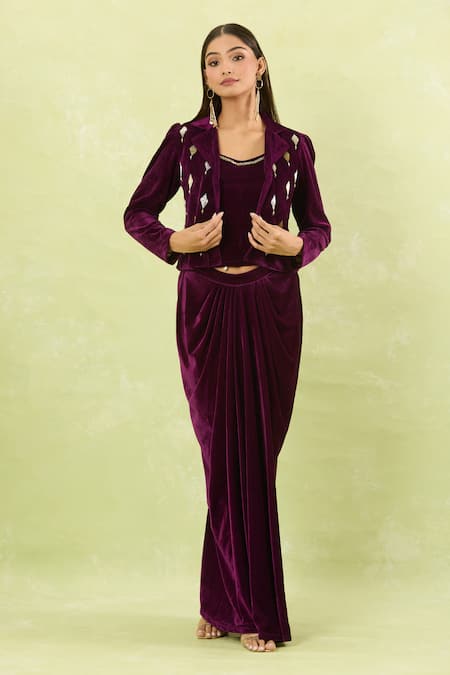 Samyukta Singhania_Wine Velvet Sequins Open Neck Hand Embellished Jacket Set _at_Aza_Fashions