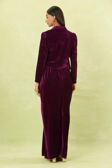 Samyukta Singhania Wine Hand Embellished Velvet Jacket Set 