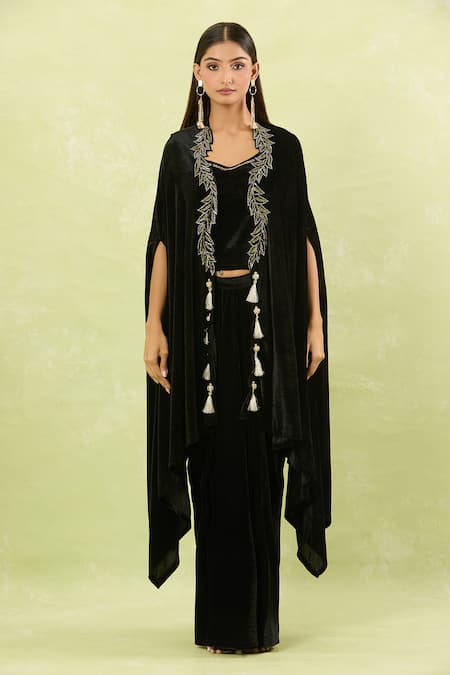Shop_Samyukta Singhania_Black Velvet Tassels Salli Hand Embellished Kurta Set _Online_at_Aza_Fashions