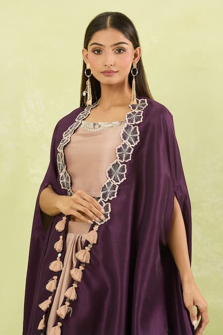 Shop_Samyukta Singhania_Purple Silk Hand Embellished Cape And Pant Set_Online_at_Aza_Fashions