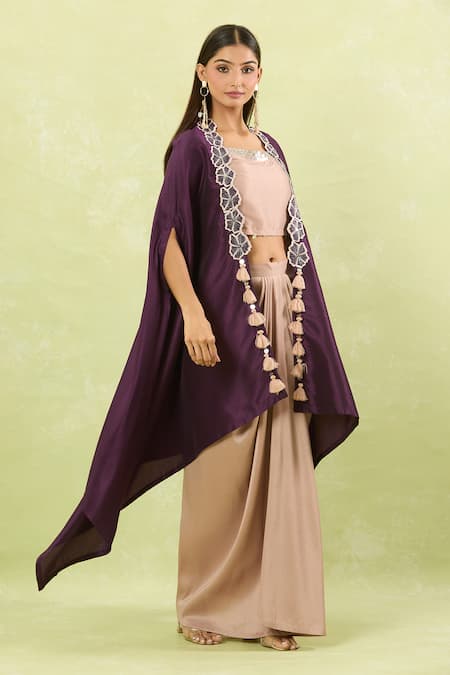 Samyukta Singhania_Purple Silk Hand Embellished Cape And Pant Set_at_Aza_Fashions