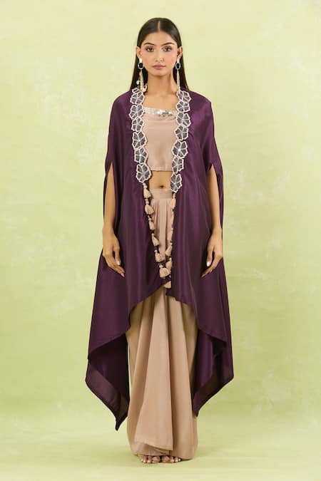 Shop_Samyukta Singhania_Purple Silk Hand Embellished Cape And Pant Set