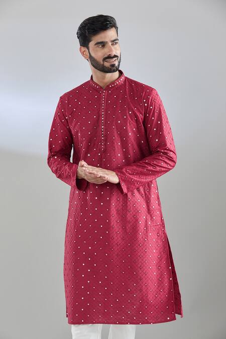 Arihant Rai Sinha_Maroon Polyester, Polyamide Mirrors Jaal Embroidered Kurta Set _Online_at_Aza_Fashions