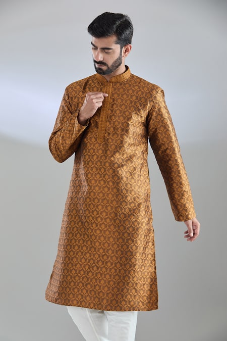Arihant Rai Sinha_Yellow Jacquard, Polyester Crest Woven Mustard Kurta Set _Online_at_Aza_Fashions
