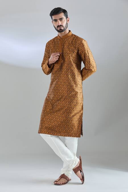 Buy_Arihant Rai Sinha_Yellow Jacquard, Polyester Crest Woven Mustard Kurta Set _Online_at_Aza_Fashions