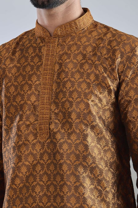 Shop_Arihant Rai Sinha_Yellow Jacquard, Polyester Crest Woven Mustard Kurta Set _Online_at_Aza_Fashions