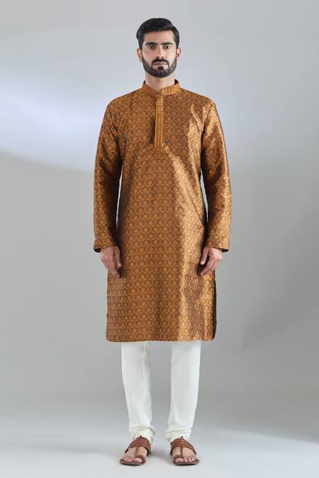 Arihant Rai Sinha_Yellow Jacquard, Polyester Crest Woven Mustard Kurta Set _at_Aza_Fashions