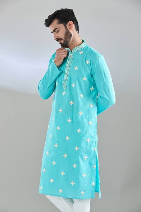 Buy_Arihant Rai Sinha_Green Polyester, Cotton Embroidery Bloom Motif Kurta Set _Online_at_Aza_Fashions
