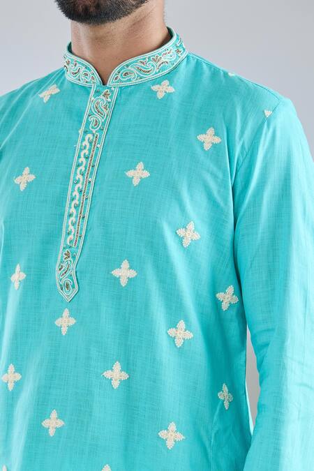 Shop_Arihant Rai Sinha_Green Polyester, Cotton Embroidery Bloom Motif Kurta Set _Online_at_Aza_Fashions
