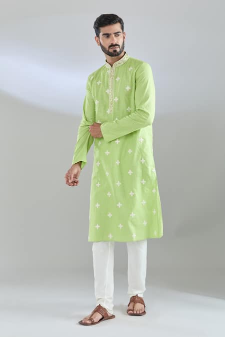 Arihant Rai Sinha Green Polyester, Cotton Embroidery Blossom Motif Kurta Set Online at Aza Fashions Arihant Rai Sinha_Green Polyester, Cotton Embroidery Blossom Motif Kurta Set _Online_at_Aza_Fashions