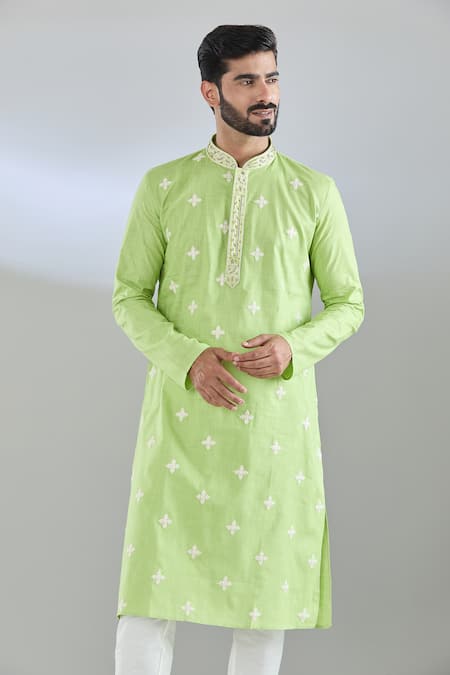 Shop Arihant Rai Sinha Green Polyester, Cotton Embroidery Blossom Motif Kurta Set Online at Aza Fashions Shop_Arihant Rai Sinha_Green Polyester, Cotton Embroidery Blossom Motif Kurta Set _Online_at_Aza_Fashions