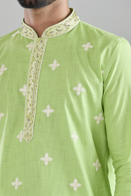 Arihant Rai Sinha Green Polyester, Cotton Embroidery Blossom Motif Kurta Set at Aza Fashions Arihant Rai Sinha_Green Polyester, Cotton Embroidery Blossom Motif Kurta Set _at_Aza_Fashions