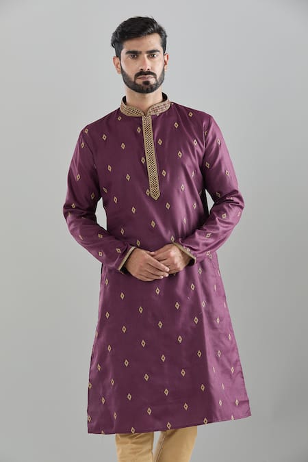 Arihant Rai Sinha_Wine Polyester, Cotton Embroidery Motif Kurta Set _Online_at_Aza_Fashions