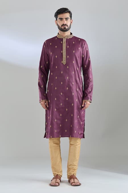 Shop_Arihant Rai Sinha_Wine Polyester, Cotton Embroidery Motif Kurta Set _Online_at_Aza_Fashions
